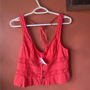Free People Coral Eyelet Button Tie-Back Cropped Tank